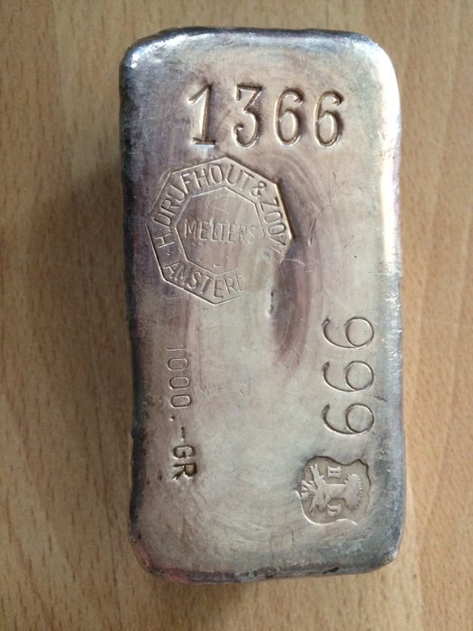 Kilo baar zilver Drijfhout Amsterdam 999 zilverbaar.