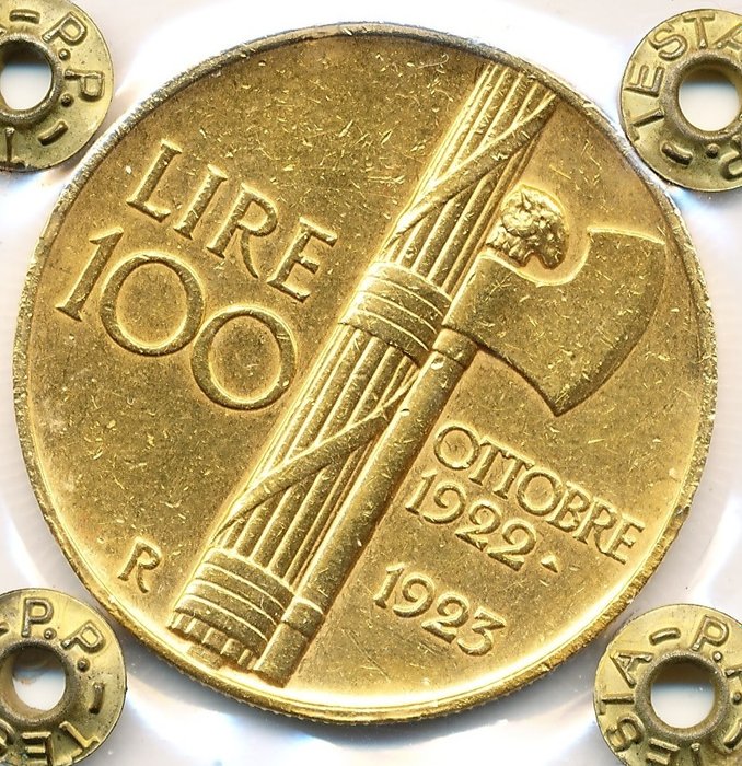 Kingdom of Italy, 1923 - 100 Lira gold coin "Fascione" - Vittorio Emanuele III