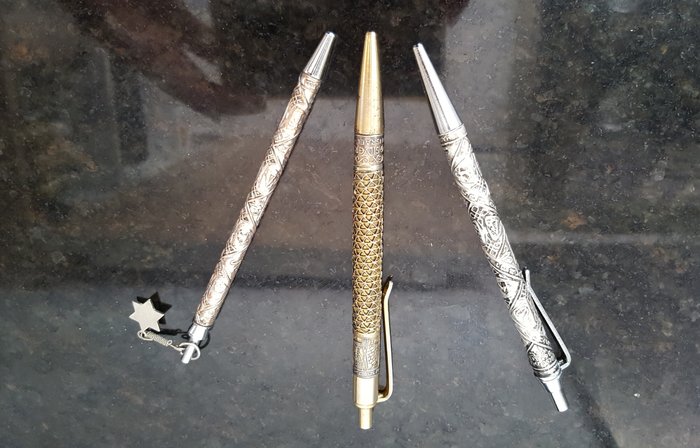 3 Silver pens 12 Tribes of Israel. Hallmarks:  Rolex, Atlas and merkur.