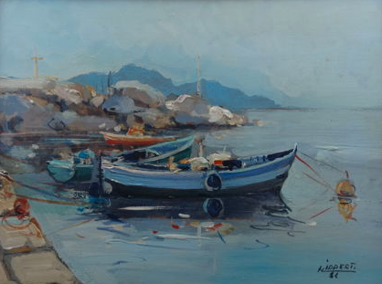 Franco Hippert (1932-) - Barche al molo