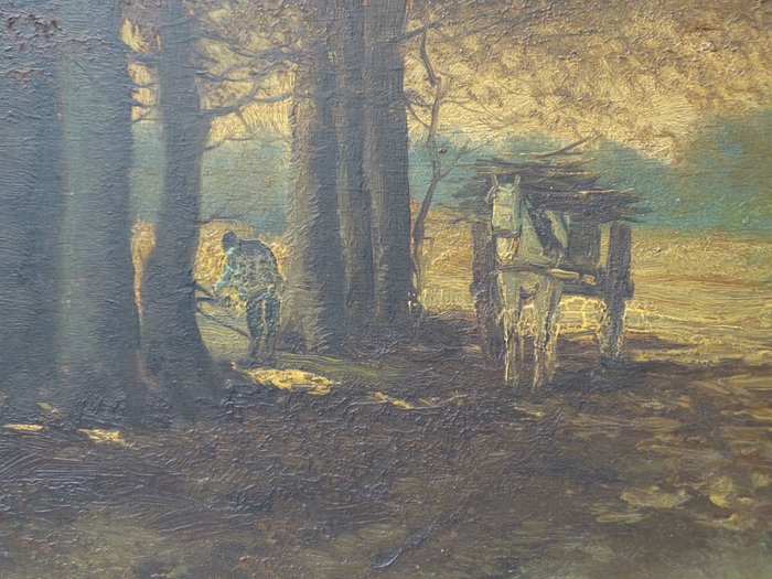 J. Casari (20e eeuw) - Landschap van paard en wagen in bos