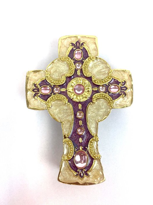 Enamelled relics box in the shape of a cross with 24 karat gold-plated ...