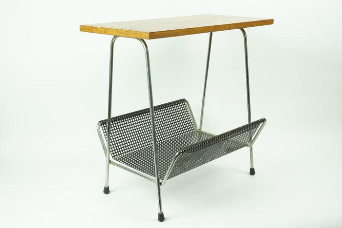 Designer unknown - magazine rack / side table made of steel wire, perforated metal and wood.