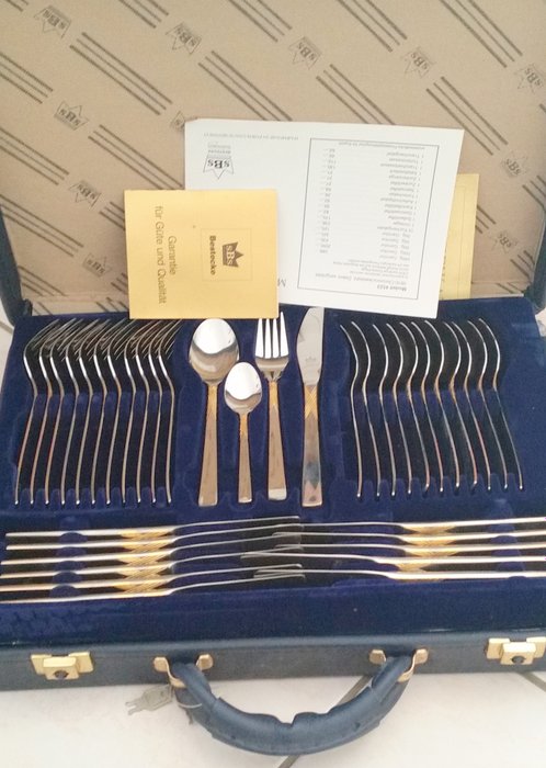 SBS Solingen cutlery case, 70 pieces - “Riga” Model - 18/10 stainless steel, 23/24 karat hard gold plated,