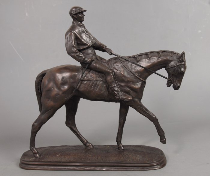 Bronze plated horse and jockey, sculpture by Oliver Tupton