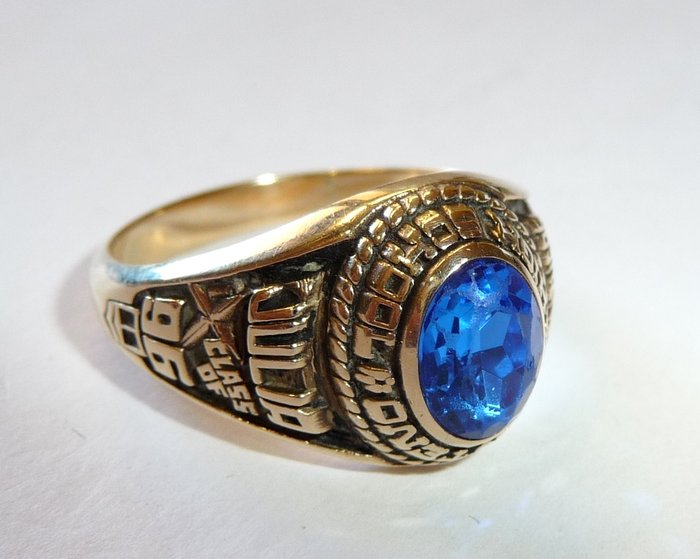 10K / 417 Gold Amerikanischer High School Ring "Panthers" original von Josten's mit blauem Stein