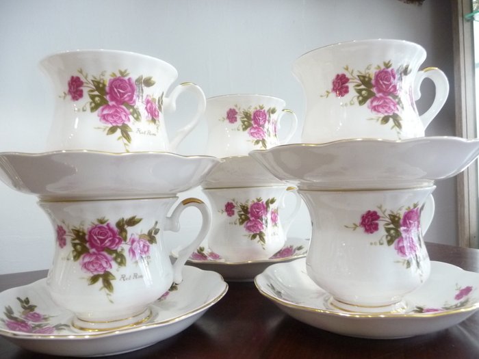 Royal ascot fine bone china red rose 6 cups and 6 saucers and 6 plates unmarked, second half of the 20th century