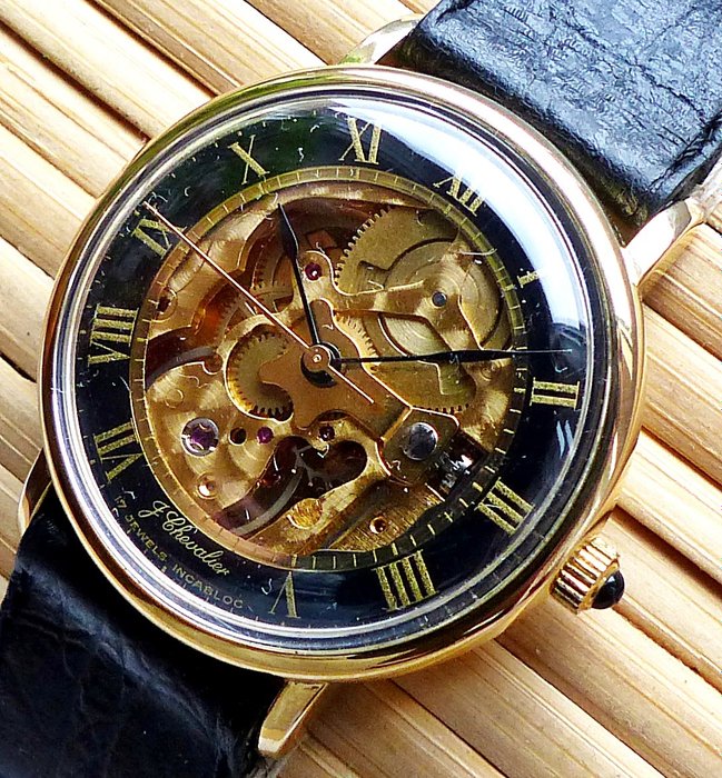 J. Chevalier Swiss Skeleton 17 jewels -- men's wristwatch from the 1970s