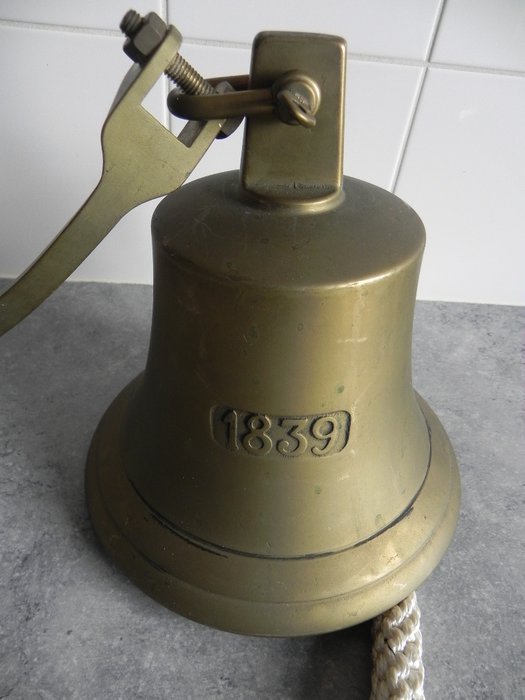Antique brass ship’s bell with company stamp (reproduction from 1839)