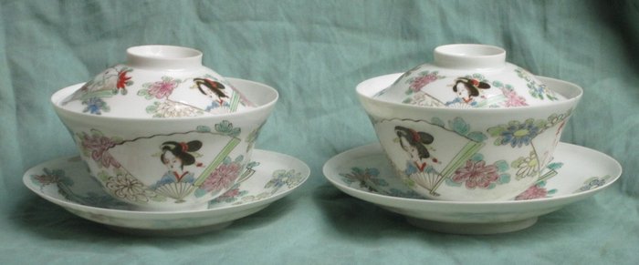 Two Hirado Mikawachi porcelain cups and saucers with lids – Japan – circa 1900
