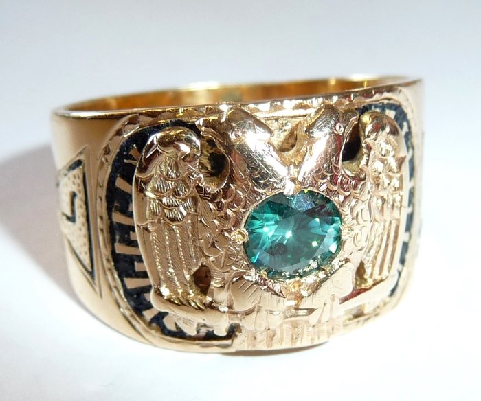 14K / 585 Gold Freimaurer-Ring Masonic 32. Grad "Meister des Königlichen Geheimnisses" + blauer Diamant von 0,52 ct., ca 1940