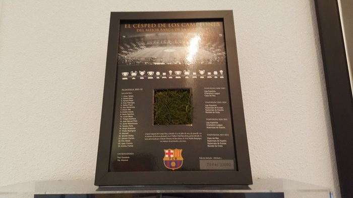 Piece of grass from FC Barcelona stadium framed