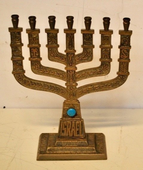 Beautiful menora/menorah. Ca 1940 candlestick seven-armed decorated brass and blue stone.