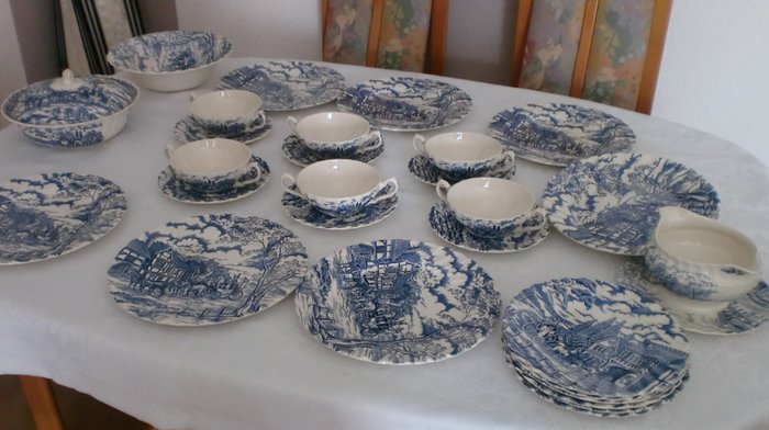 Dining Service for 6 People, 28 pieces, Myott Royal Mail, English Ceramic, Stagecoach, Blue