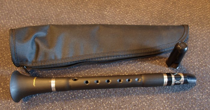 Black resin clarinet with cover, clarinet mouthpiece and recorder