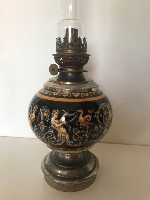 Oil lamp in Gien porcelain Decoration of mythological scenes - France - 1900s