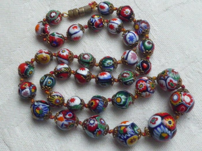 Vintage Venetian Murano Millefiori glass bead necklace --  Italy