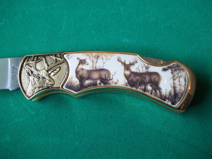 富兰克林薄荷-24克拉镀金鹿收藏刀 - 富兰克林造币厂的收藏家用刀口袋刀-状况很好。