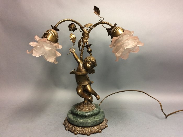Table Lamp Bronze Putti With Two, Bronze And Glass Frosted Table Lamp