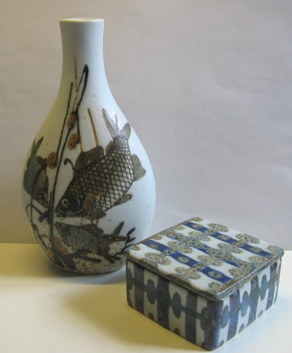 Nils Thorsson for Royal Copenhagen: ceramic lidded box and carp vase