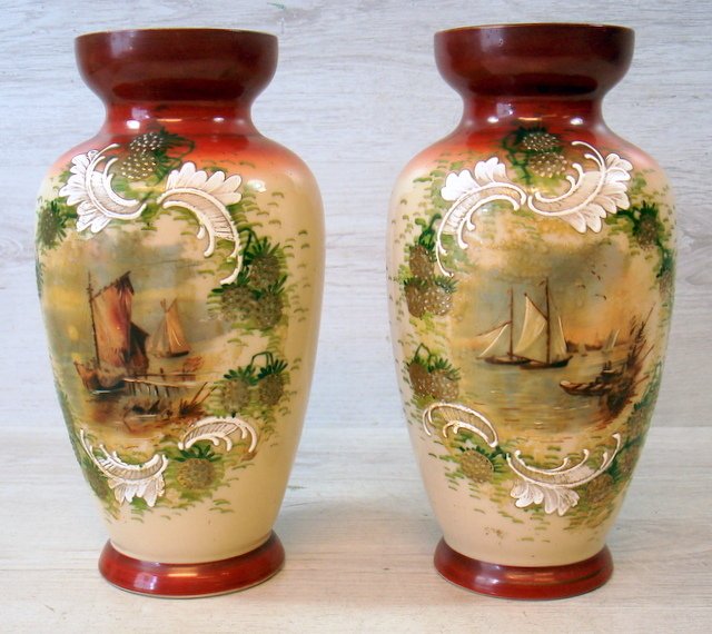 Set of beautiful opaline glass vases, hand-painted with maritime decorations.
