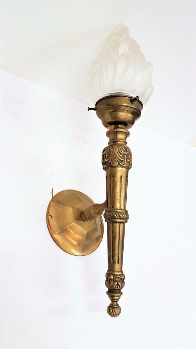 Bronze castle wall light, torch, wall torch - with glass flame shade - first half 20th century, Belgium