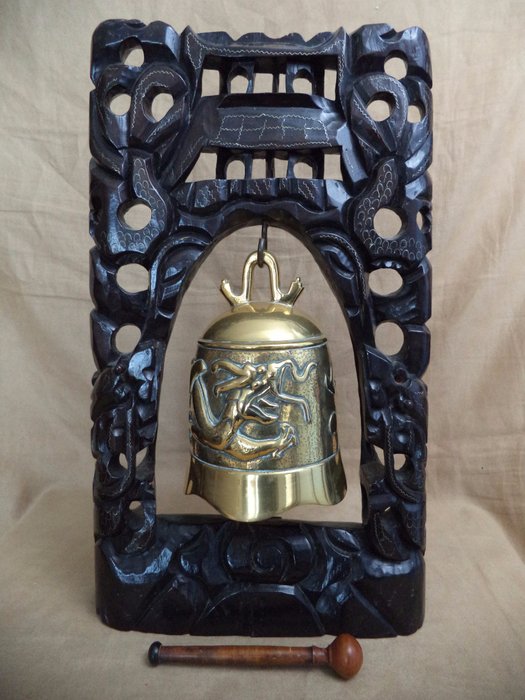 Chinese Buddhist Brass Gong Bell, With Hand Carved Ebony Frame, end 20th century