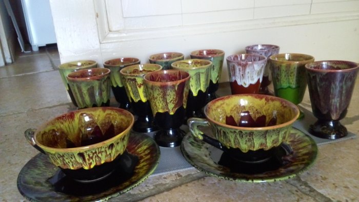 Signed Petit Masse - Pottery Tamnay Bazois - Flambé sandstone of the Morvan - 12 coffee Mazagrans & 2 duo breakfast cups