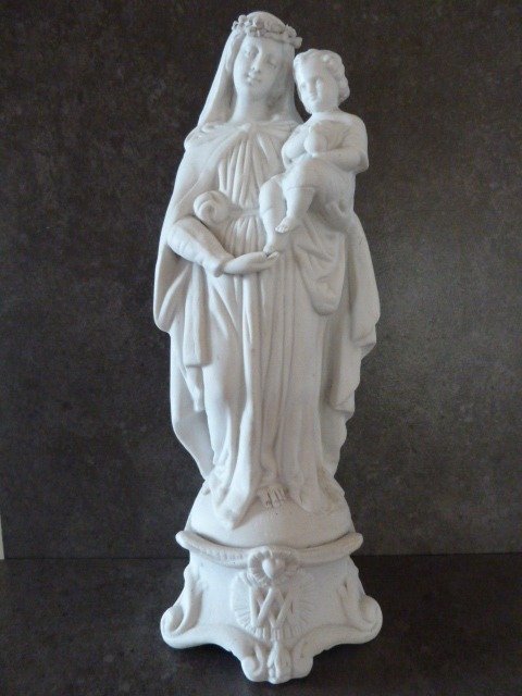 Statuette en biscuit - Vierge Marie à l'enfant - MAUGER Henri - France - (fin 19e siècle)