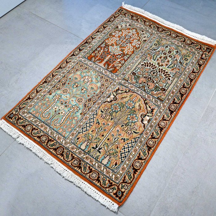 Beautiful silk Kashmir carpet with tile design - 94 x 62 ...