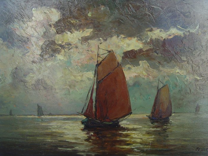 2 x Hans Harländer (1880-1943) - Sailing boats & Sailors in the Moonlight