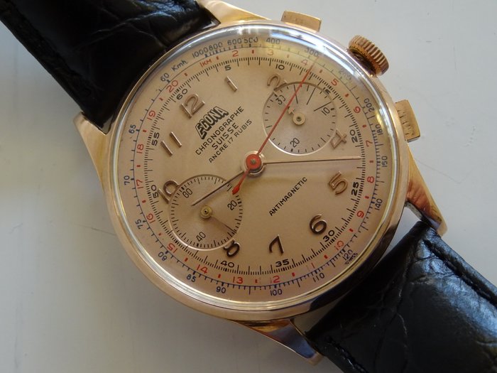 Egona Chronograph Suisse, 18 kt rose gold, vintage men's wristwatch, 1950, OVERHAULED