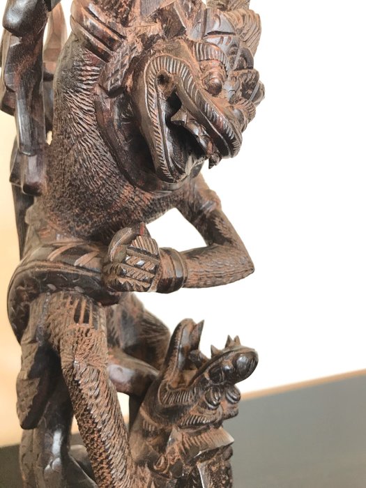 Wooden statue of the monkey warrior Hanuman and the snake Naga - Bali - Indonesia - 2nd half 20th century