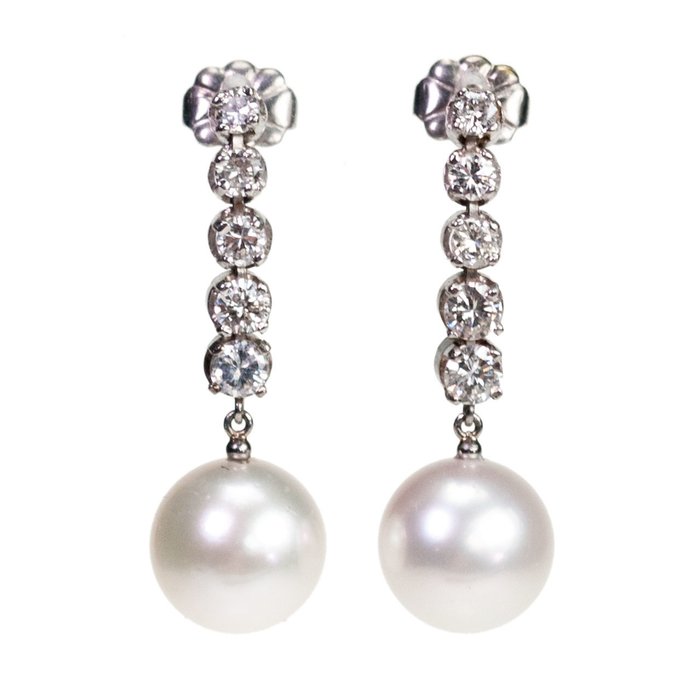 Diamond, Pearl, Platinum Earrings - Dimensions: H: 2.9 cms - Catawiki