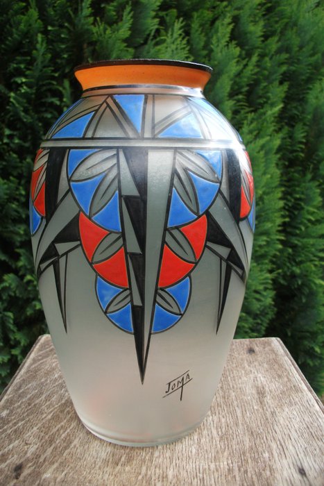 JOMA - Opalescent glass vase with cubist motifs - Art Deco