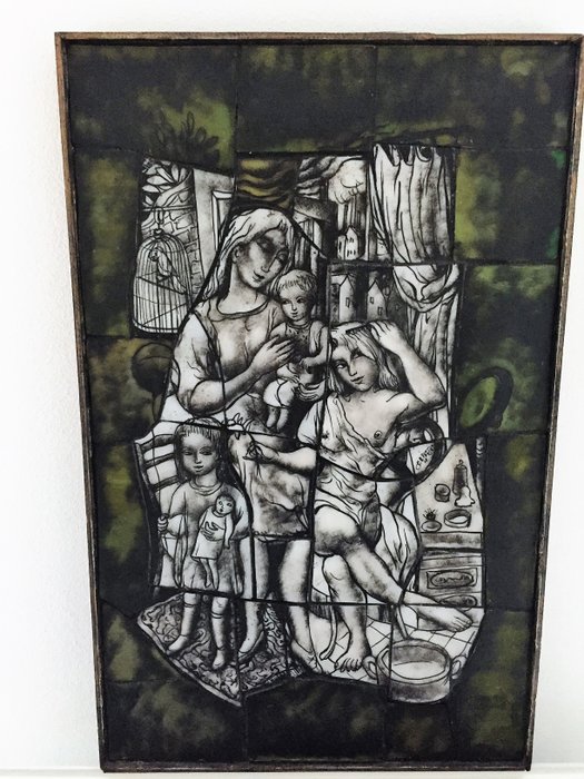Stained glass painting - domestic scene - design: Max Weiss Plauen 1910 - Roermond 1972