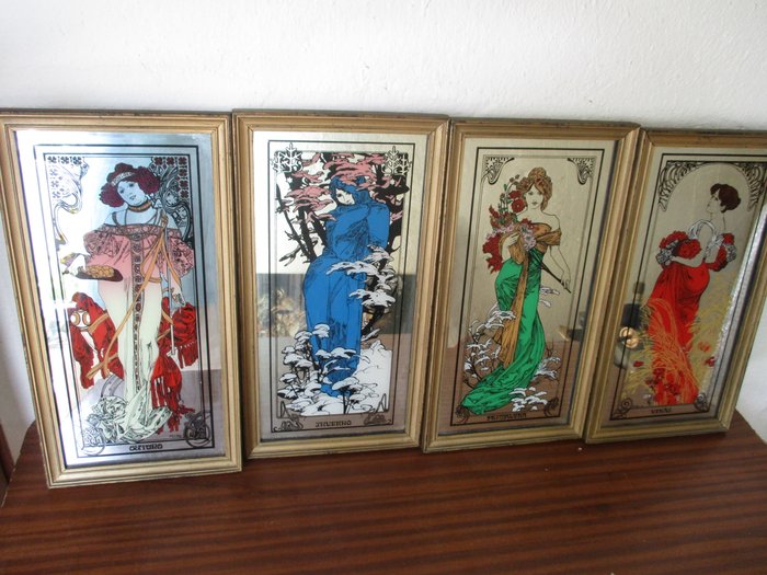  Alphonse Mucha  Rare Vintage mirror painted framed Allegorical 4 seasons Depicting 4 Women as Spring, Summer, Winter and Autumn. 