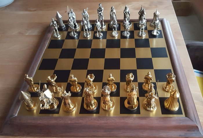 Franklin Mint Tournament At Camelot chess set, gold plated, silver-plated, rare