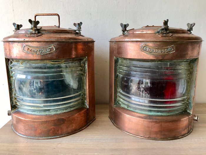 2 large antique copper ship’s lamps, port and starboard.