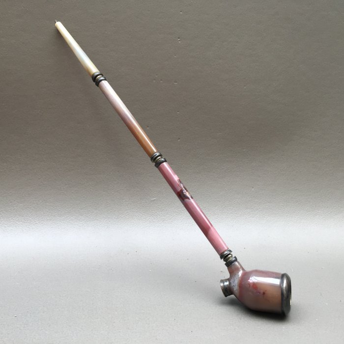 Rare agate travel churchwarden pipe with silver fitments - Germany, ca. 1860