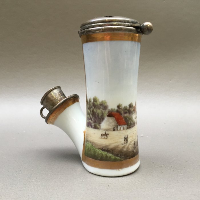 Hand painted porcelain pipe "Village scene" - Germany, 1860