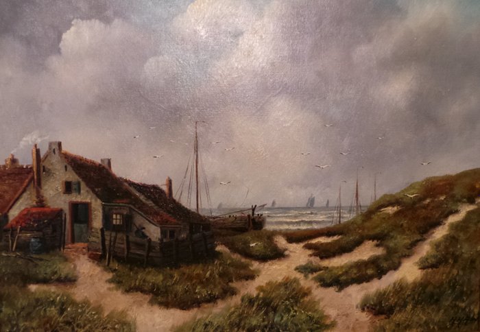 H.H. Ros (1870-1954) - Boomschuiten aan de kust van Scheveningen