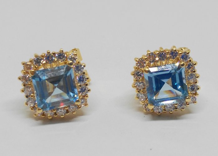 Yellow gold earrings with blue stone and zirconias - Catawiki
