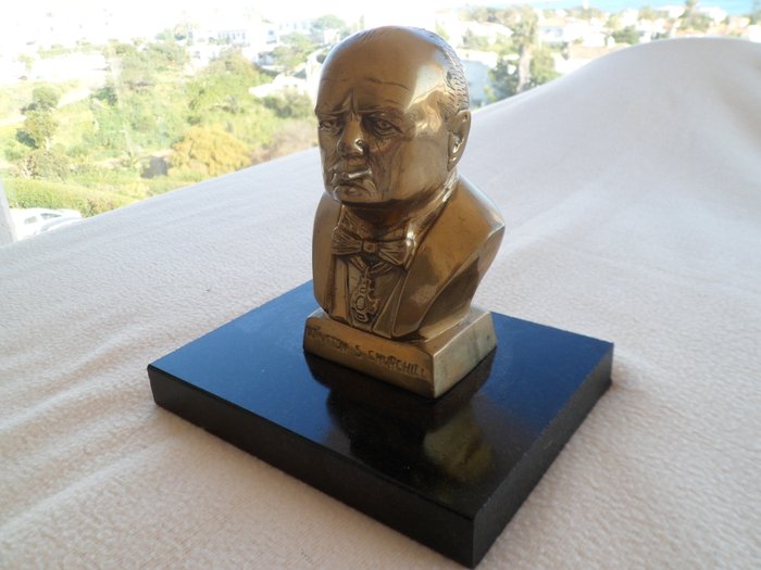 Bronze Bust of Winston Churchill on Solid Marble Base 15cm High 
