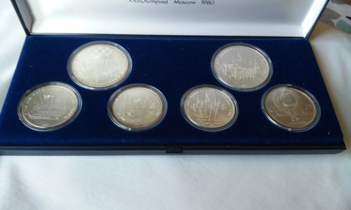 Russia - 6 silver coins and one 1977–1980 'Olympics Collection' coins set case. 