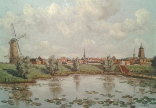 P de Jong (20th century) - Stadsgezicht Met wal, waterlelies en molen