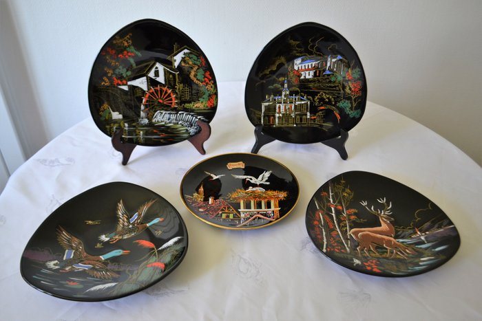 Longwy / L. Valenti - enamel mural art plates, hand decorated and numbered