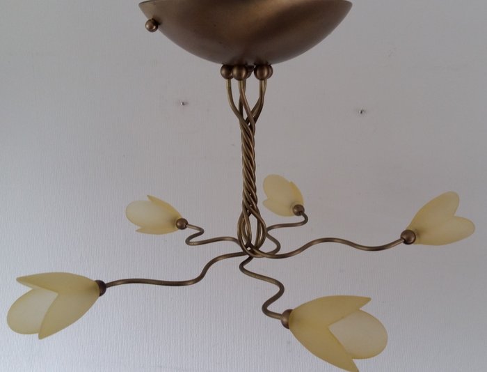 TCI Saronno - Italian gold-coloured ceiling light with 5 glass calyxes