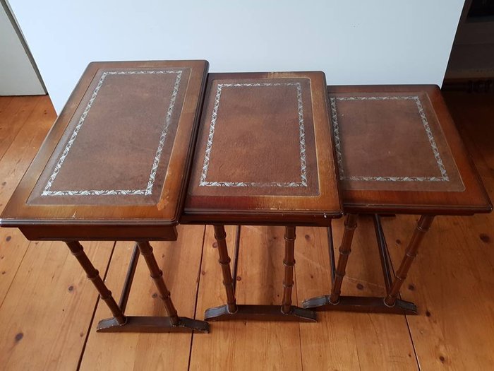 Three Piece Side Table Set With Leather, Leather Table Top