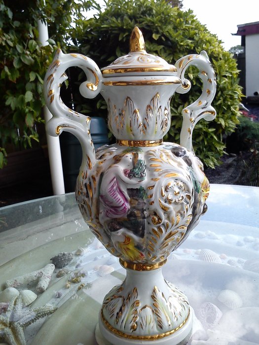 Capodimonte porcelain amphora vase, ornamental vase with cherubs, flowers, relief decor Italy